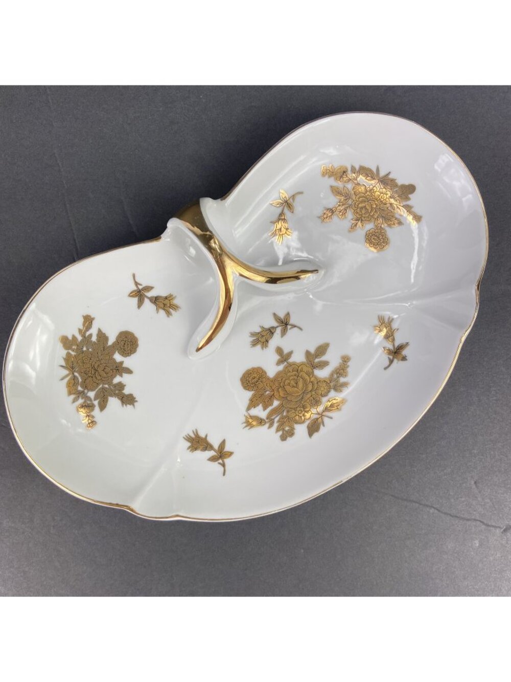 Nappy Plate Candy Trinket Dish Arnart Japan White Gold Trim Roses Bean Shape
